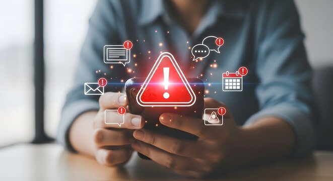 Person holding phone with digital warning icons and alerts