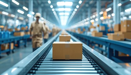Logistics and e-commerce automation concept showing parcel boxes on a conveyor in modern warehouse representing global supply chain and fast delivery trends
