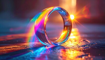 A mesmerizing glass ring refracting rainbow colors in warm sunlight symbolizing creativity and innovation