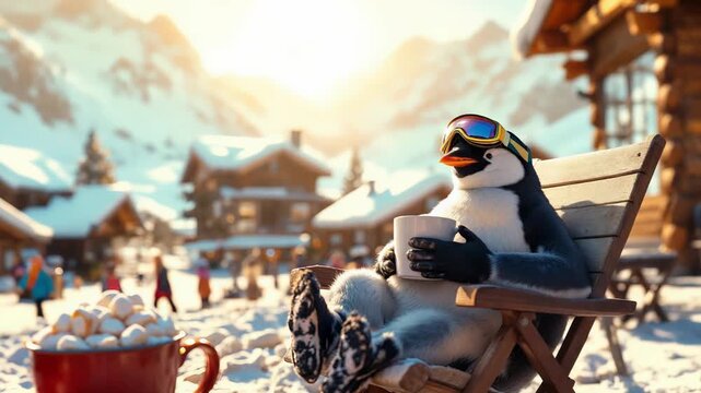 Cozy ski village scene featuring penguin with hot cocoa and cheerful