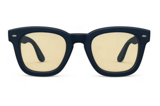 Dark blue retro-style eyeglasses with yellow anti-blue light filtered lenses, a fashion accessory for eye protection and vision
