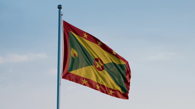 Grenada St Georges Flag Cinematic Realistic Waving Dolly Out Blue Sky