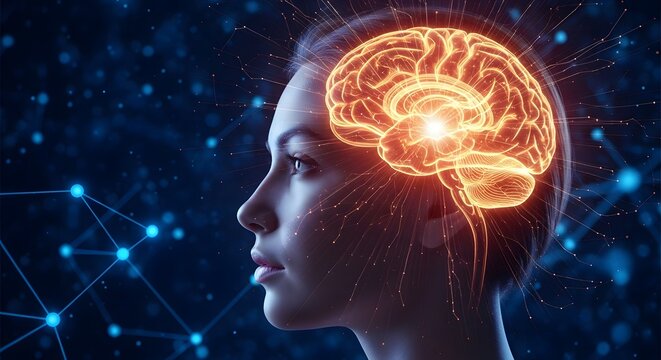 Glowing human brain inside woman s head with digital network background