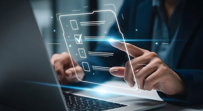Business person interacting with digital checklist on futuristic interface
