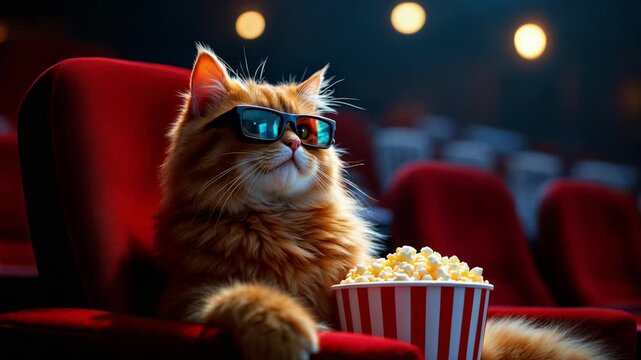 Relaxed feline savoring popcorn under soft glowing evening lights