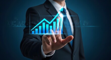 Businessman presenting upward trending financial growth chart on digital screen
