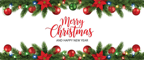 Festive Holiday Season Banner with Christmas Gifts, Pine Branches, and Sparkling Confetti, perfect for New Year Celebrations and Winter Greetings