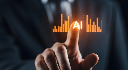 Human finger touching glowing ai interface with futuristic data visualization