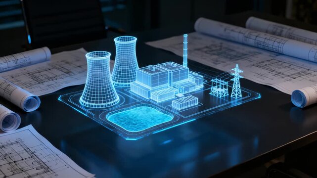 Drafting table glows with hologram and plans during late evening