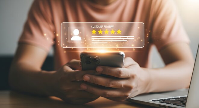Customer leaves five star review on smartphone screen with glowing effect