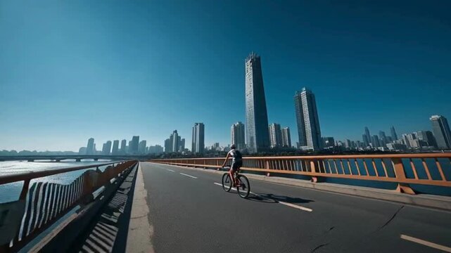 A man cycling across a city bridge with a clean river below, bright blue sky, safe bike lane with protective railing, skyscrapers in the distance, energetic and modern mood.