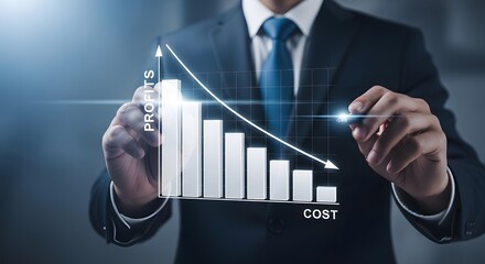 Businessman analyzes declining cost graph with digital interface