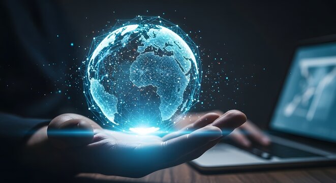 Futuristic holographic globe held in hands with laptop in background