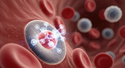 Fototapeta premium Microscopic view of red blood cells and white blood cells, highlighting a parasitic infection within a red blood cell
