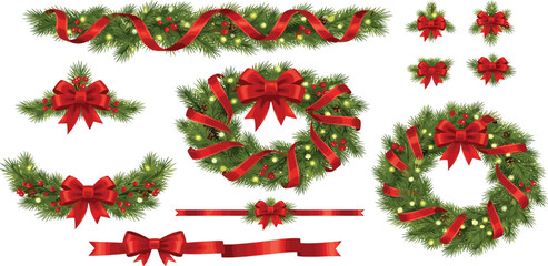 A festive collection of realistic Christmas decorations including evergreen wreaths, garlands, and vibrant red bows with glowing lights