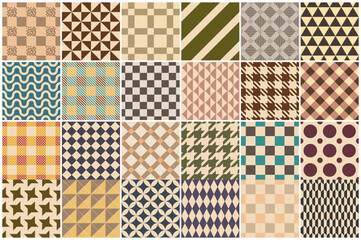 Collection of color textile seamless patterns - geometric striped retro design. Vector repeatable cloth vintage tartan backgrounds. Fabric endless classic prints