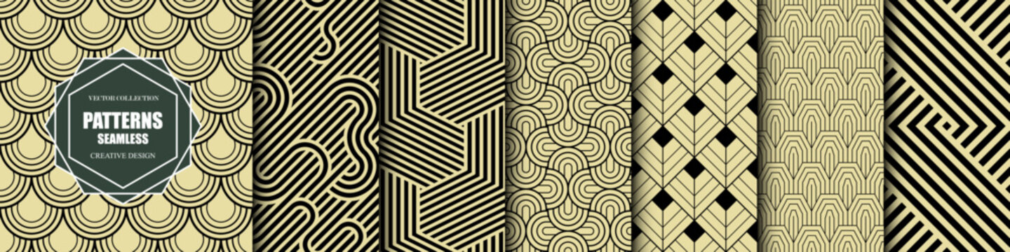 Collection of striped seamless geometric patterns - elegant decorative weave textures. Luxury vintage ornamental design. Bright colorful creative repeatable fabric monochrome backgrounds