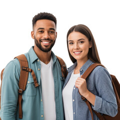 Smiling couple with backpacks isolated on transparent background