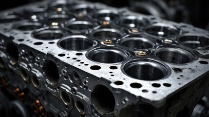 High resolution photo of closeup view of a powerful v8 engine block with intricate details.