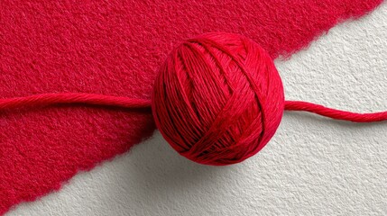 Red ball of yarn is sitting on a white background. The red color of the yarn contrasts with the white background, creating a sense of warmth and coziness. The image evokes feelings of comfort