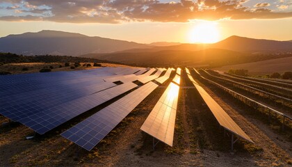 A large solar field stretching across rolling hills at sunset, golden light reflecting off panels, symbolizing the future of sustainable energy landscapes.