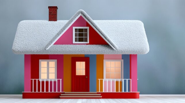 Colorful house with a red door and windows. The house is covered in snow and has a chimney