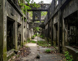 Dilapidated building's interior, stone walls, overgrown foliage, vanishing point perspective