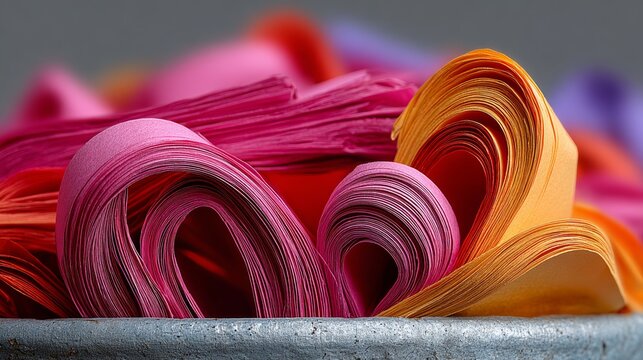 Pile of colorful paper with hearts on them. The colors are pink, orange, and yellow