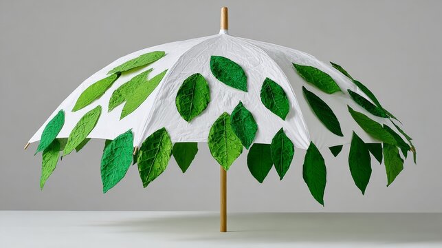White umbrella with green leaves on it. The umbrella is open and has a green leaf on the top - Powered by Adobe