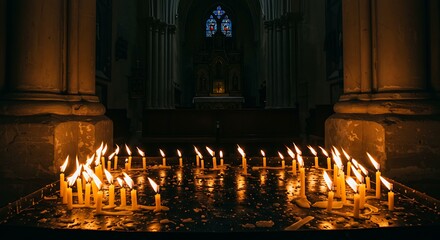Dim interior view of a place of worship, candles in foreground, stained glass afar