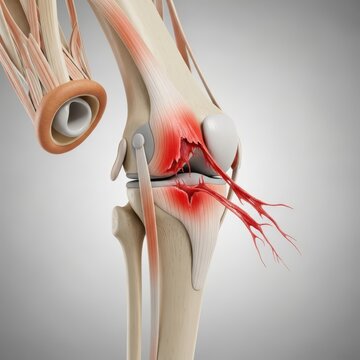Anatomical Illustration of Knee Ligament Rupture with Pain Highlight
