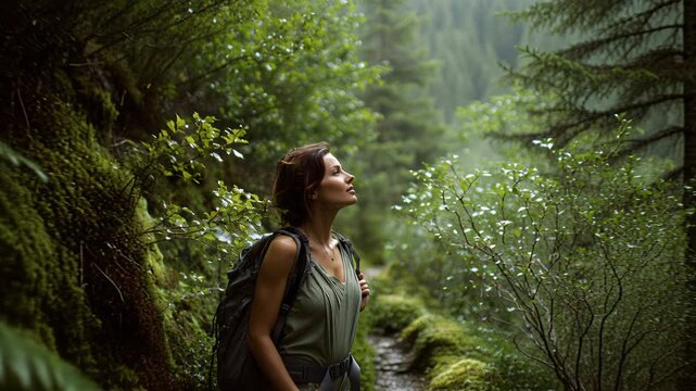 white woman hiker in mossy forest wearing red jacket and backpack, raindrops on ferns, soft canopy light, upward gaze, misty atmosphere, peaceful solitude