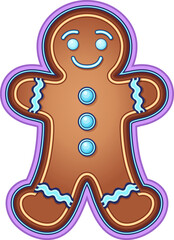 Adorable Neon Gingerbread Man with Blue Buttons and Cyan Icing – Festive Christmas Vector Illustration for Joyful Holidays