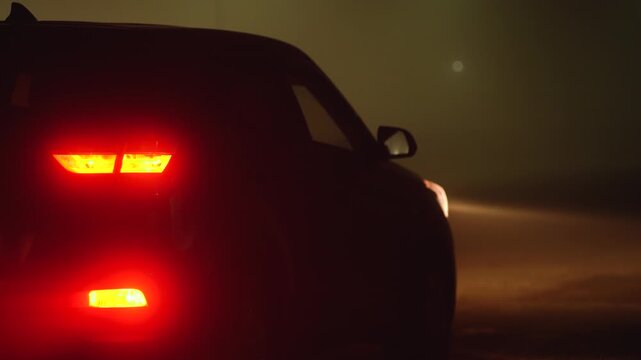 Close-up of a car parked on a night street in the fog