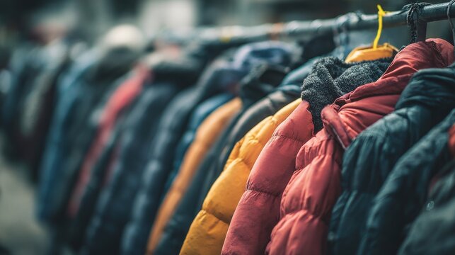 High resolution photo of collection of winter coats hang on rack for sale. Variety of warm clothing donations. Charity event, supporting giving back, helping needy people. Promoting.