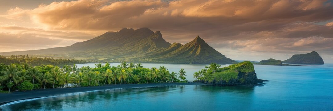 Tropical island landscape with lush green mountains turquoise lagoon black sand beach and dramatic golden sunset sky panoramic view