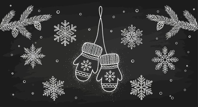 Hand drawn chalk illustration of winter mittens and snowflakes.
