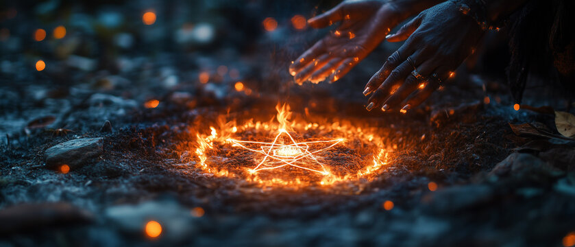 Creating a magical pentagram with flames in a mystical forest during twilight hours ai, fire, pentagram, magic, ritual, forest, twilight, flames, mystical, energy, sparks, ceremony, figure, kneeling, 