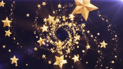 Abstract animation of golden stars spiraling on dark background - Powered by Adobe