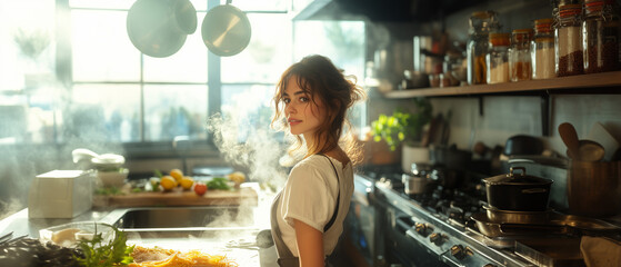 Culinary creativity unfolds in a sunlit kitchen filled with fresh ingredients and vibrant flavors ai, cooking, kitchen, woman, sunlight, ingredients, herbs, vegetables, culinary, food, preparation, st