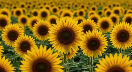 Bright golden field of blooming sunflowers glowing warmly under the intense summer afternoon light, symbolizing happiness and vitality, nature, sun, luminous