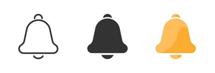 Notification bell icon set. Alarm symbol. Incoming message symbol. Bell for subscribe, alarm and push chat alert. New notification, reminder. Line, glyph and flat style.