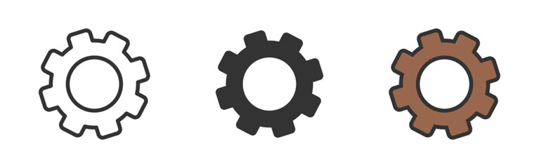 Cogwheel icon set. Gear Settings symbol, cogwheel. Functions symbol. Set of mechanical gears, industrial setting symbols, engineering tools isolated on white background. Line, glyph and flat style.