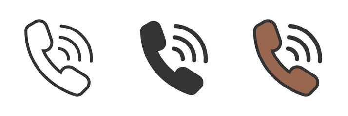 Phone icon set. Telephone signal. Symbol of connection. Call icon. Telephone sign. Call center. Online sign of support.  Handset shape. Talk. Line, glyph and flat style. Vector illustration