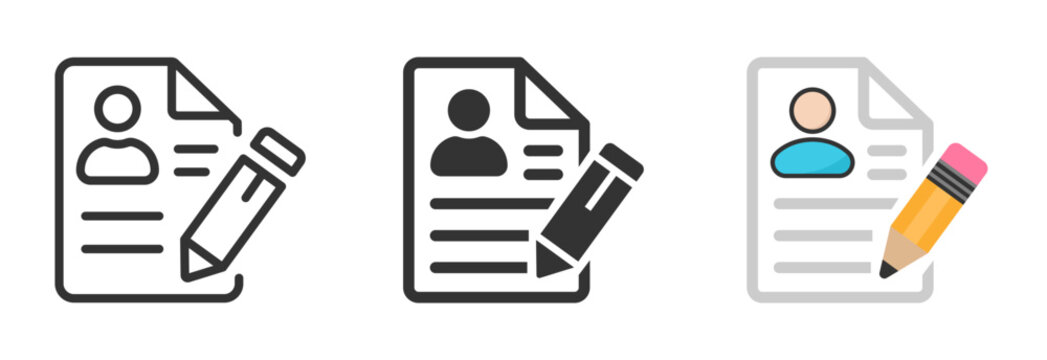Resume icon set. Line, glyph and flat style. Business, personal information, CV, job interview. Outline, flat and colored style. Vector illustration