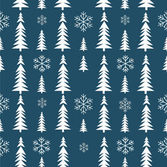 Seamless winter pattern with white Christmas trees and snowflakes 1.