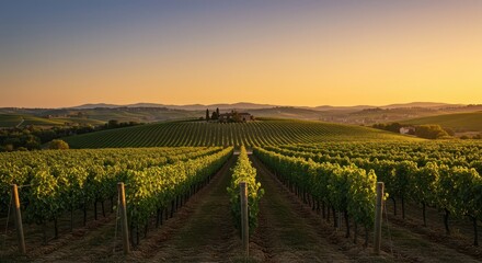 Naklejka premium Golden hour light illuminating rows of grapevines stretching across the gentle hills of a wine country landscape at dusk, sun, rural, fruit