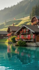 Naklejka premium Peaceful Swiss lakeside village with traditional chalet houses reflected in turquoise water at golden hour in summer mountains