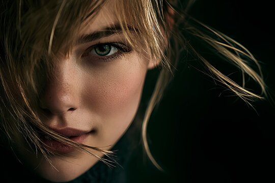Close-up portrait of a joyful young woman with ash-blonde hair and deep emerald green eyes. One strand of her light brown hair is casually tucked behind her ear