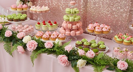 Display of pastries, macarons and desserts, featuring floral arrangements and a pink sparkling backdrop